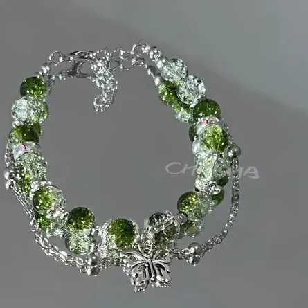 Cracked Glass & Green Beaded Double-Layer Silver-Tone Bracelet with Butterfly Charm - Image 5