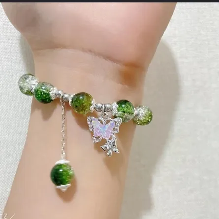 Cracked Glass & Green Beaded Double-Layer Silver-Tone Bracelet with Butterfly Charm