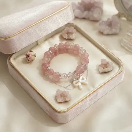 Ethereal Pink Cherry Blossom & Crystal Bead Bracelet with Mother-of-Pearl Bow Charm