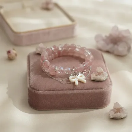 Ethereal Pink Cherry Blossom & Crystal Bead Bracelet with Mother-of-Pearl Bow Charm - Image 3
