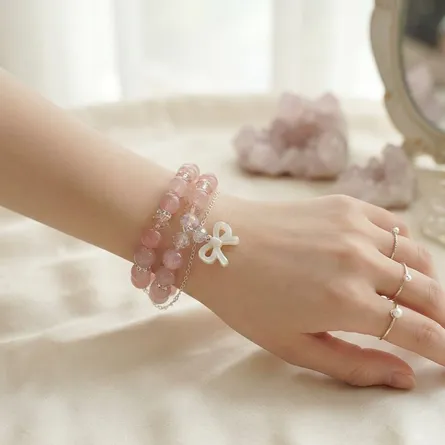 Ethereal Pink Cherry Blossom & Crystal Bead Bracelet with Mother-of-Pearl Bow Charm - Image 5