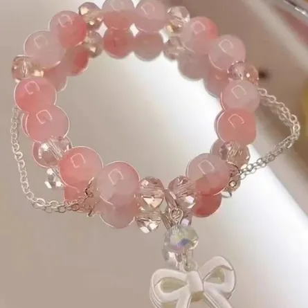 Ethereal Pink Cherry Blossom & Crystal Bead Bracelet with Mother-of-Pearl Bow Charm - Image 4