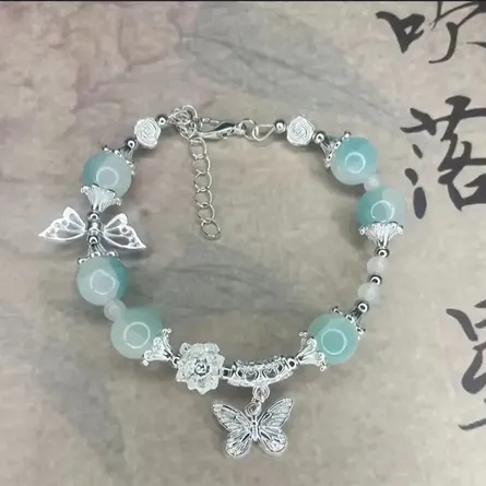 Elegant Sterling Silver & Natural Aquamarine Beaded Butterfly Charm Bracelet