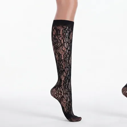 Women's Sheer Knee-High Socks with Delicate Heart & Dot Lace Pattern - Image 6