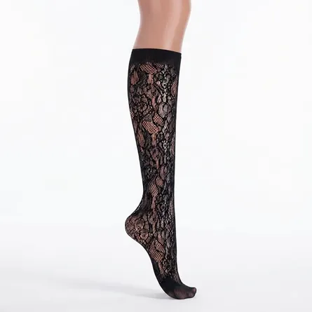 Women's Sheer Knee-High Socks with Delicate Heart & Dot Lace Pattern - Image 8