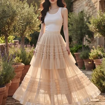 Ethereal Tiered Tulle Maxi Skirt in Champagne - Image 4