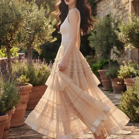 Ethereal Tiered Tulle Maxi Skirt in Champagne - Image 3