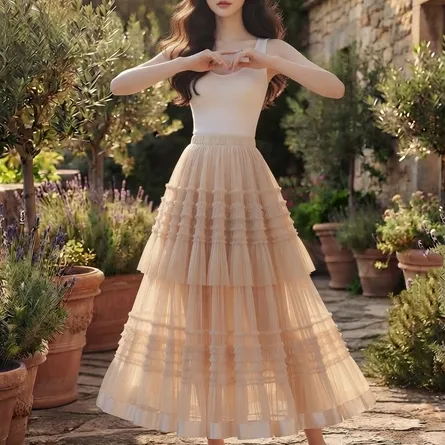 Ethereal Tiered Tulle Maxi Skirt in Champagne