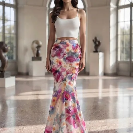 Elegant Floral Print Mermaid Maxi Skirt - High-Waisted Bodycon Style