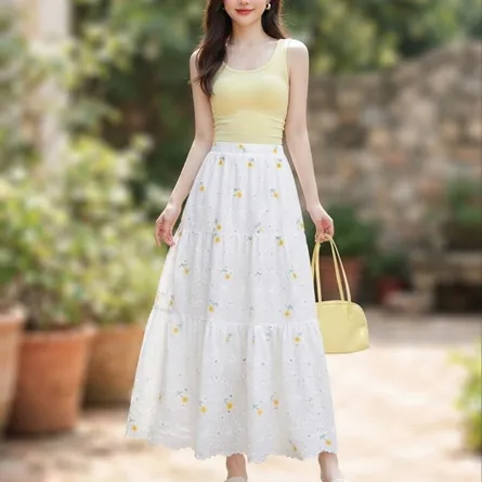 Ethereal Floral Eyelet Tiered Maxi Skirt - White