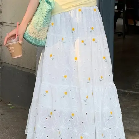 Ethereal Floral Eyelet Tiered Maxi Skirt - White - Image 5