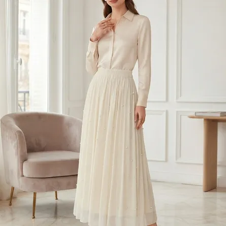 Elegant A-line Pearl Embellished Chiffon Maxi Skirt - Cream/White