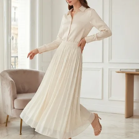Elegant A-line Pearl Embellished Chiffon Maxi Skirt - Cream/White - Image 3