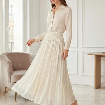 Elegant A-line Pearl Embellished Chiffon Maxi Skirt - Cream/White - Image 4