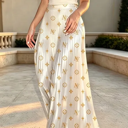 Elegant Gold-Monogram Pleated Wide-Leg Maxi Skirt - Image 4