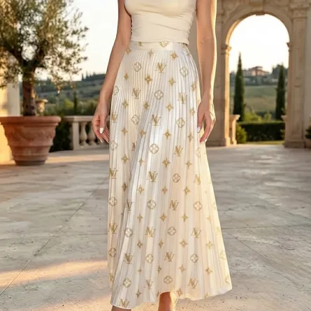 Elegant Gold-Monogram Pleated Wide-Leg Maxi Skirt