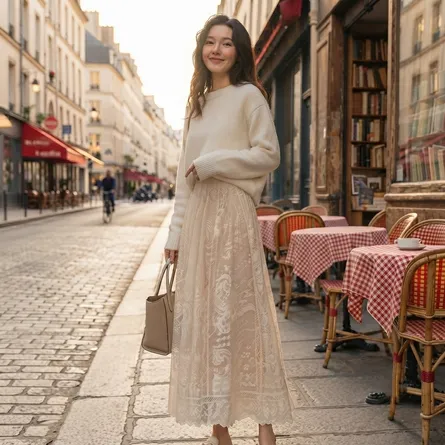Elegant Apricot Lace Pleated Maxi Skirt – Boho Chic A-Line