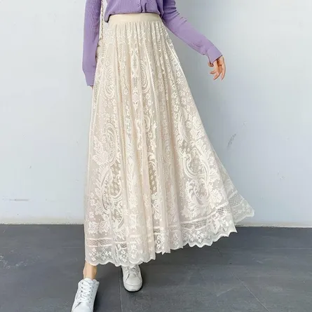 Elegant Apricot Lace Pleated Maxi Skirt – Boho Chic A-Line - Image 4