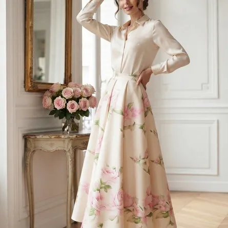 Blush Rose Garden Maxi Skirt - Elegant A-Line Ball Gown Skirt