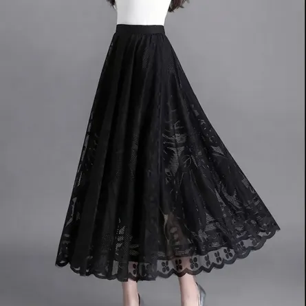 Elegant High-Waist Lace Mesh Midi Skirt - Image 4