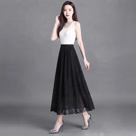 Elegant High-Waist Lace Mesh Midi Skirt - Image 3