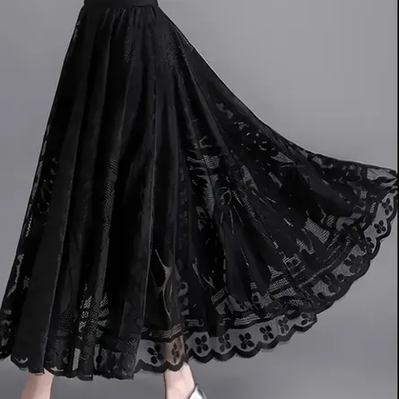 Elegant High-Waist Lace Mesh Midi Skirt