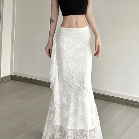 Elegant White Lace Mermaid Skirt with Ruffle Detail