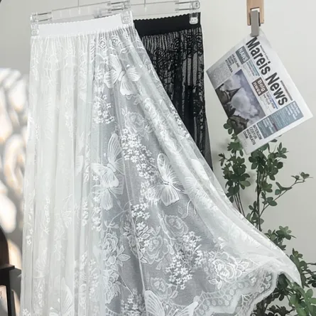 Women's Elegant Floral Lace Maxi Skirt - High-Waisted A-Line Tulle Skirt for Summer - Image 5
