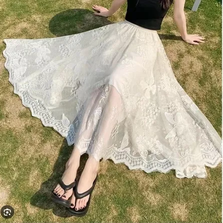 Women's Elegant Floral Lace Maxi Skirt - High-Waisted A-Line Tulle Skirt for Summer