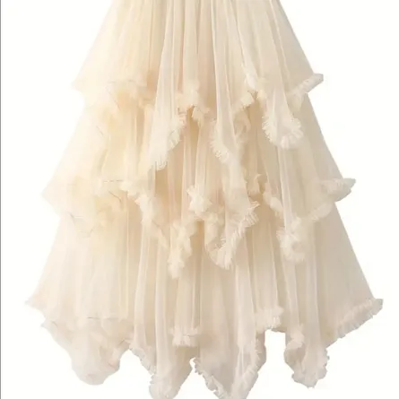Elegant High-Waisted Layered Tulle Midi Skirt with Ruffle Hem – Cream/Off-White - Image 5