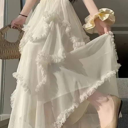 Elegant High-Waisted Layered Tulle Midi Skirt with Ruffle Hem – Cream/Off-White