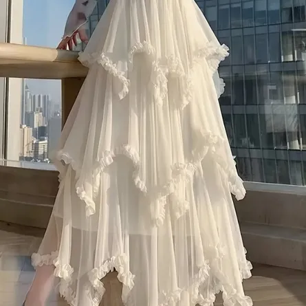 Elegant High-Waisted Layered Tulle Midi Skirt with Ruffle Hem – Cream/Off-White - Image 4