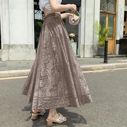 Elegant Mauve Floral Lace Maxi Skirt with Scalloped Hem - Image 3