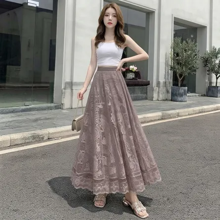 Elegant Mauve Floral Lace Maxi Skirt with Scalloped Hem