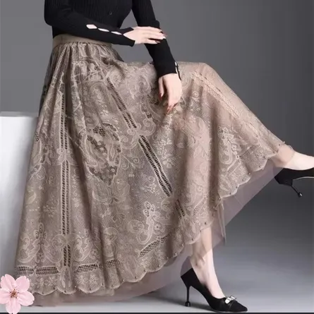 Elegant Mauve Floral Lace Maxi Skirt with Scalloped Hem - Image 5