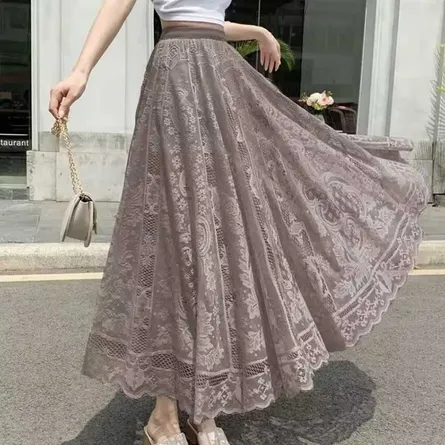 Elegant Mauve Floral Lace Maxi Skirt with Scalloped Hem - Image 4