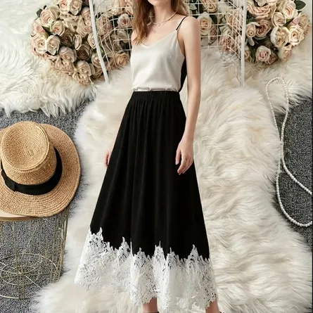 Elegant Black Lace-Trim Midi Skirt - Image 3