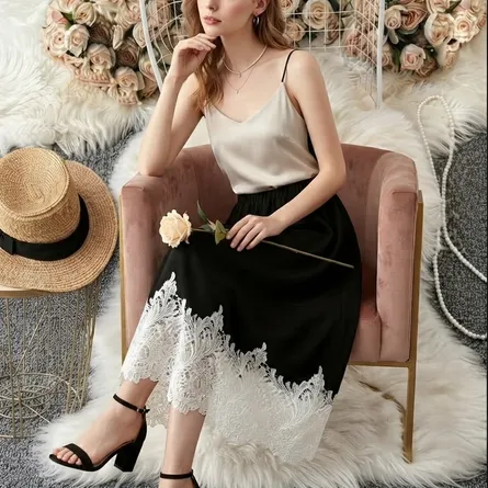 Elegant Black Lace-Trim Midi Skirt - Image 4