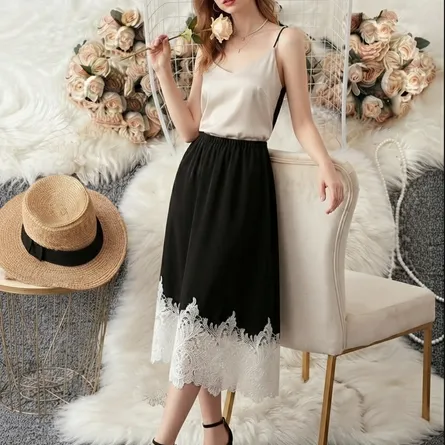 Elegant Black Lace-Trim Midi Skirt
