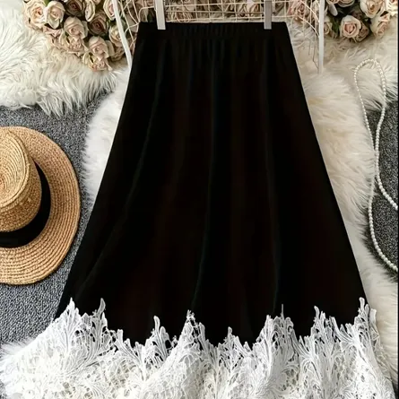 Elegant Black Lace-Trim Midi Skirt - Image 6