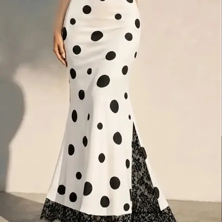 Chic Polka-Dot Mermaid Maxi Skirt with Delicate Lace Trim - Image 4