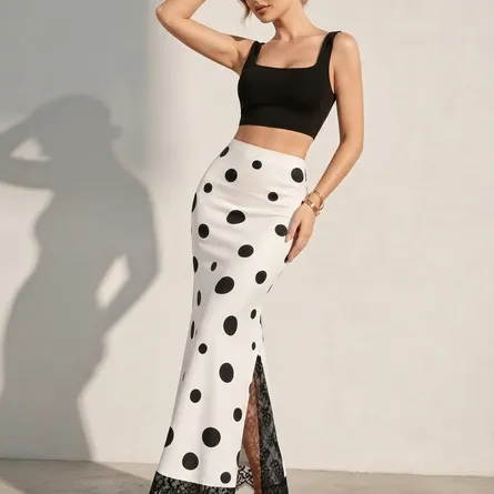 Chic Polka-Dot Mermaid Maxi Skirt with Delicate Lace Trim - Image 3