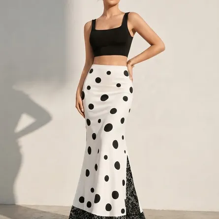Chic Polka-Dot Mermaid Maxi Skirt with Delicate Lace Trim