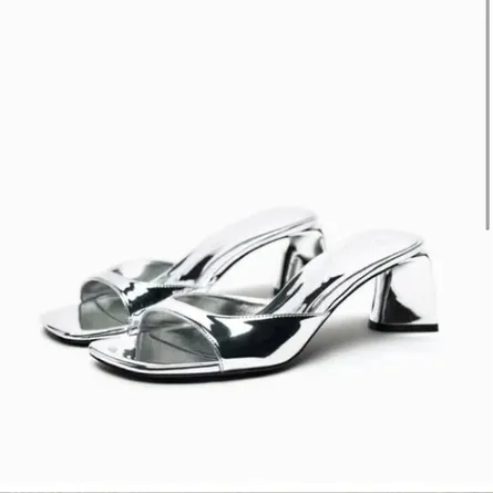 ZARA Women's Metallic Mirror-Finish Square-Toe High-Heel Mules