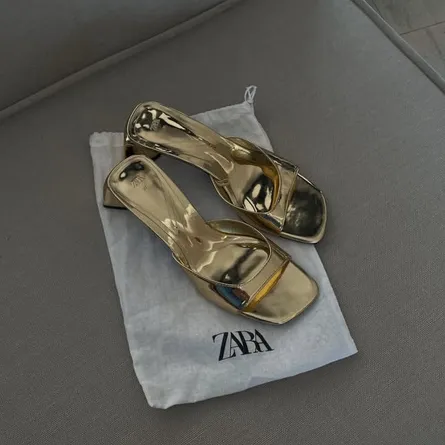 ZARA Metallic Gold Square Toe Mule Heels - Image 4