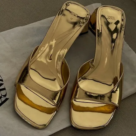 ZARA Metallic Gold Square Toe Mule Heels - Image 3