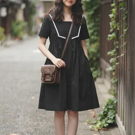 Japanese Vintage Sailor Collar Midi Dress - Image 4