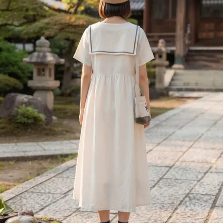 Japanese Vintage Sailor Collar Midi Dress - Image 8