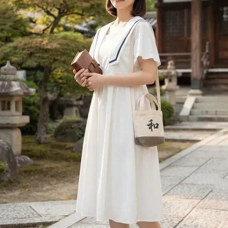 Japanese Vintage Sailor Collar Midi Dress - Image 6