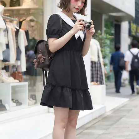 Japanese Harajuku-Inspired Sailor-Collar Babydoll Dress - Black with White Trim - Image 4